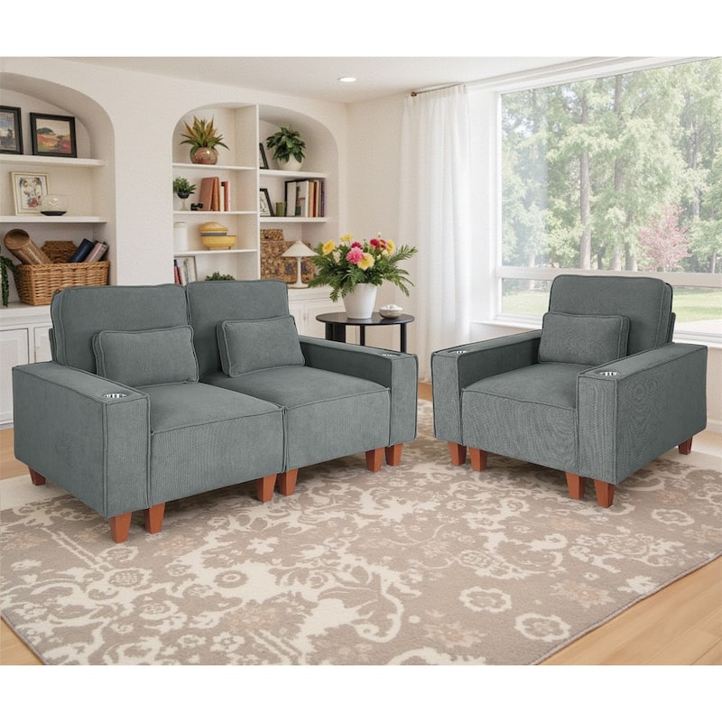 Modern Corduroy Sofa with 2 Pillows, Mid-Century Loveseat Couch with Square Arms for Livingroom