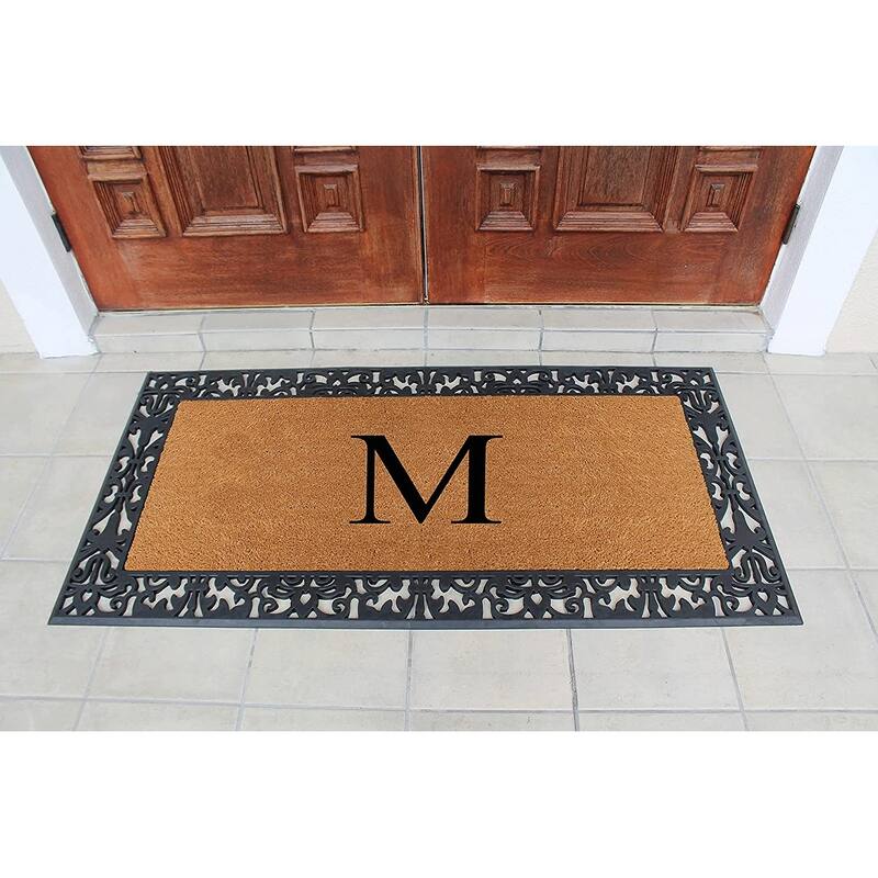 A1HC Rubber and Coir Paisley Border Heavy Duty Non-Slip Durable Double Door Monogrammed Doormat 30"X60", Black