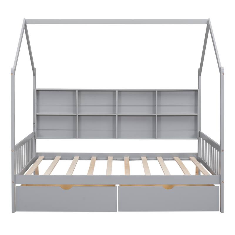 Montessori House Bed for Kids - Full/Twin with Storage Drawers & Shelf