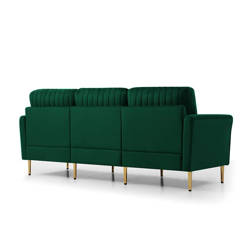 3-Seat Sofa Velvet Upholstered Living Room Tufted Back Couch Sofa with Reversible Cushions and Metal Legs, Includes Pillows