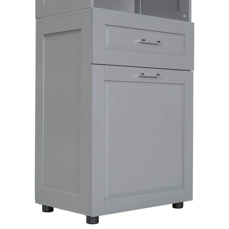 Freestanding Tall Bathroom Double Door Storage Cabinet with Removable Laundry Basket, Open Shelf, Drawer and Adjustable Shelf
