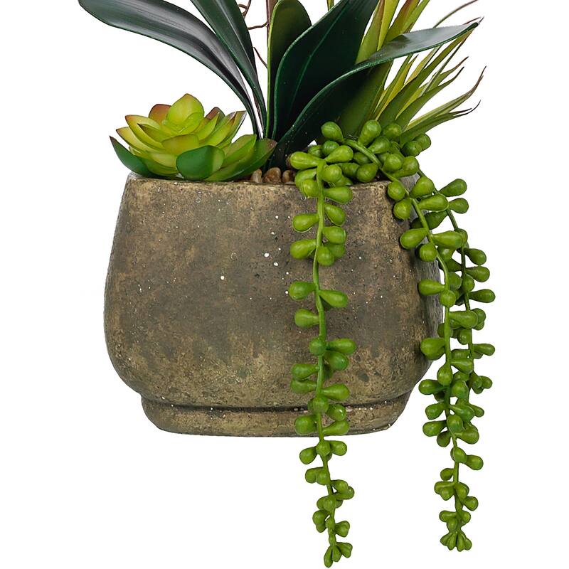 Single-stem Artificial Real Touch Silk Orchid with Succulents in Grey Cement Pot - 23.23" H x 12.2" W x 10.04" D