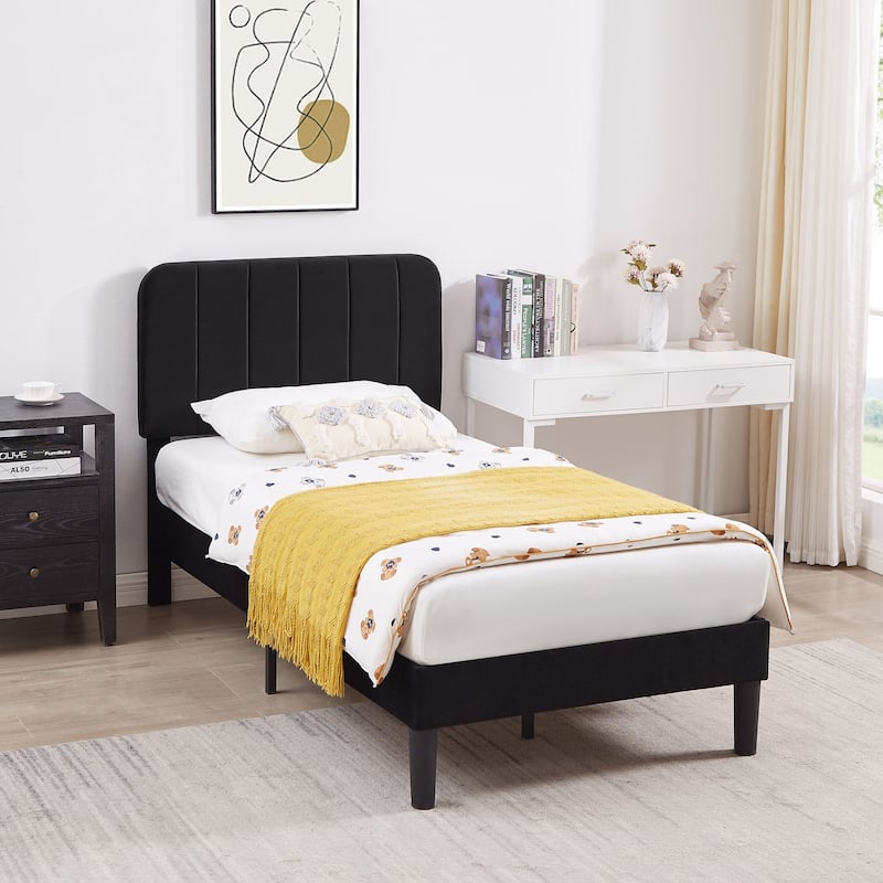 VECELO Velvet Upholstered Bed Frame with Vertical Channel Tufted Headboard, Adjustable Headboard, Wooden Slats Support