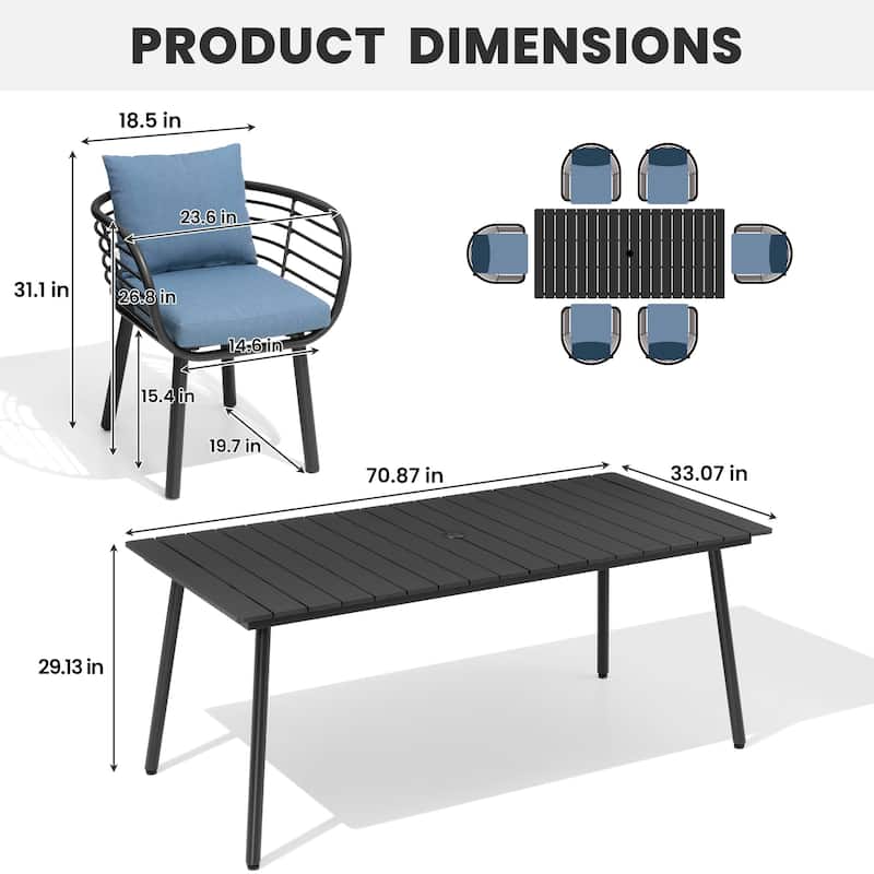 7-Piece Set Outdoor Aluminum Dining Table with Umbrella Hole and Cushioned Dining Chairs