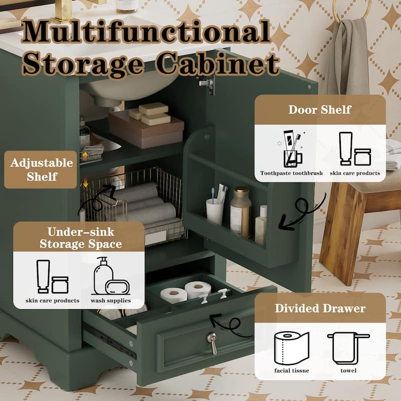 20 Inch Bathroom Vanity With Ceramic Sink, Soft Close Door, Adjustable U-Shaped Shelf, Compartment Drawer And Door Storage Rack