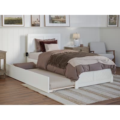 Twin XL Platform Bed with Trundle - Vintage Style Bed Frame, Headboard, Footboard - White Finish