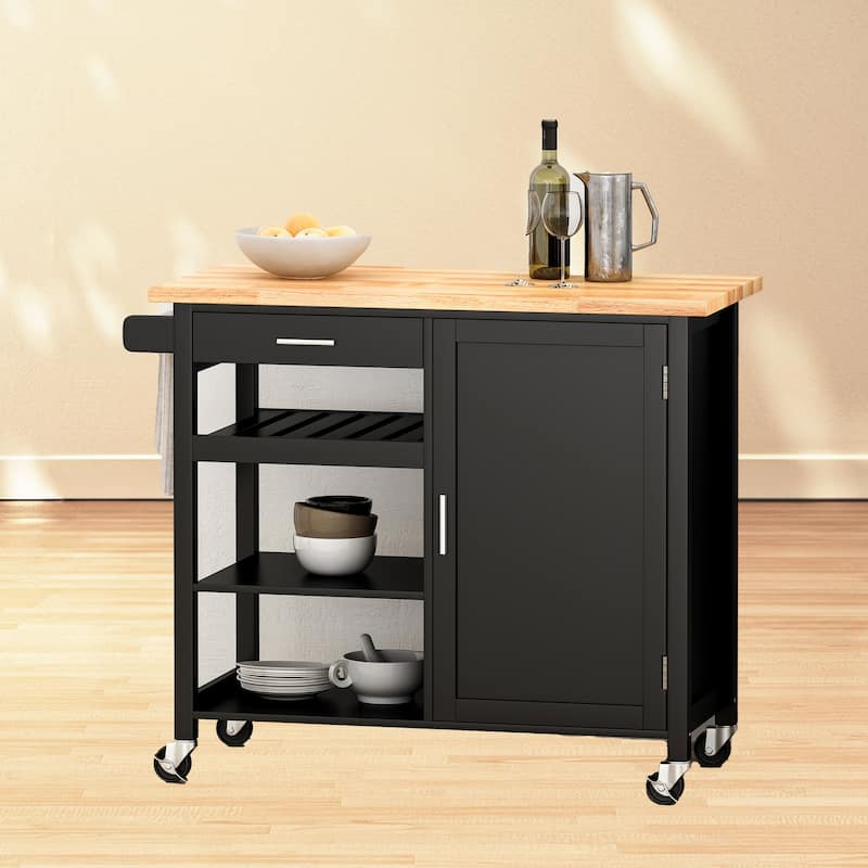 Contemporary Kitchen Island Cart with Storage Drawer, Shelves, and Towel Holder - Black