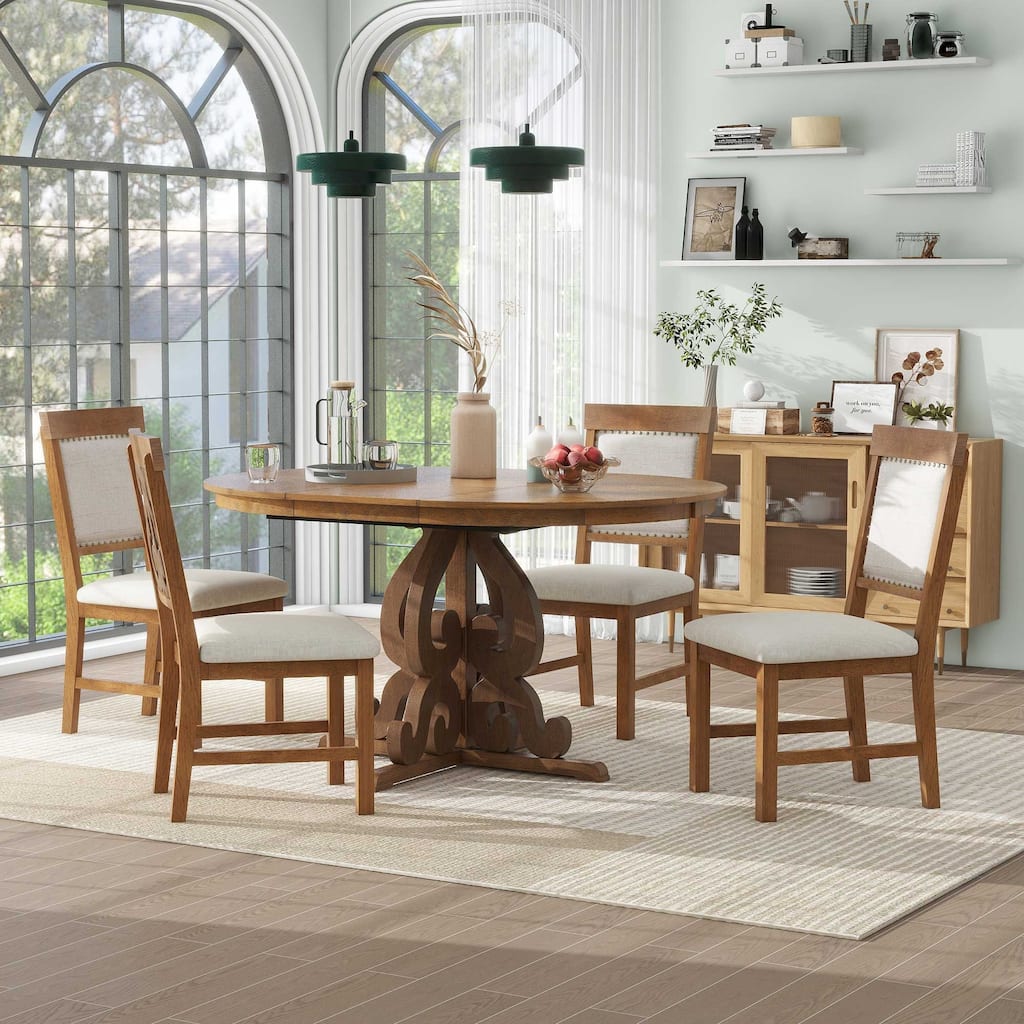 5-Piece Retro Functional Dining Set, 1 Extendable Table with a 16-inch Leaf and 4 Upholstered Chairs