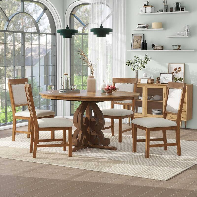 Walnut 5-Piece Wooden Dining Table Set with Extendable Table & 4 Chairs - Walnut