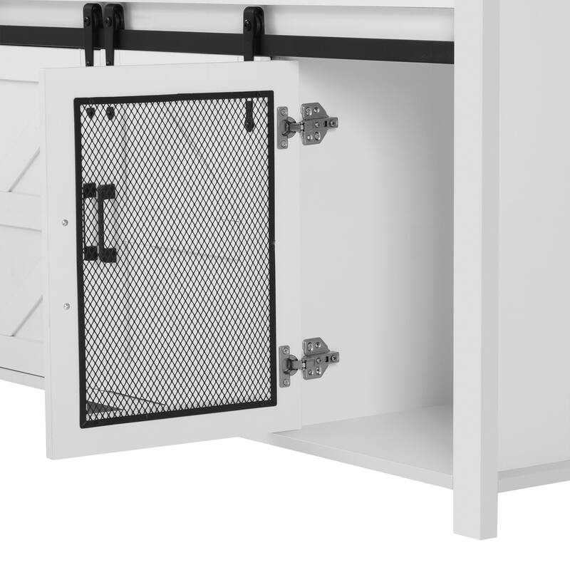 Sideboard with Sliding Barn Door and Mesh Panels,Farmhouse Buffet with Open Storage