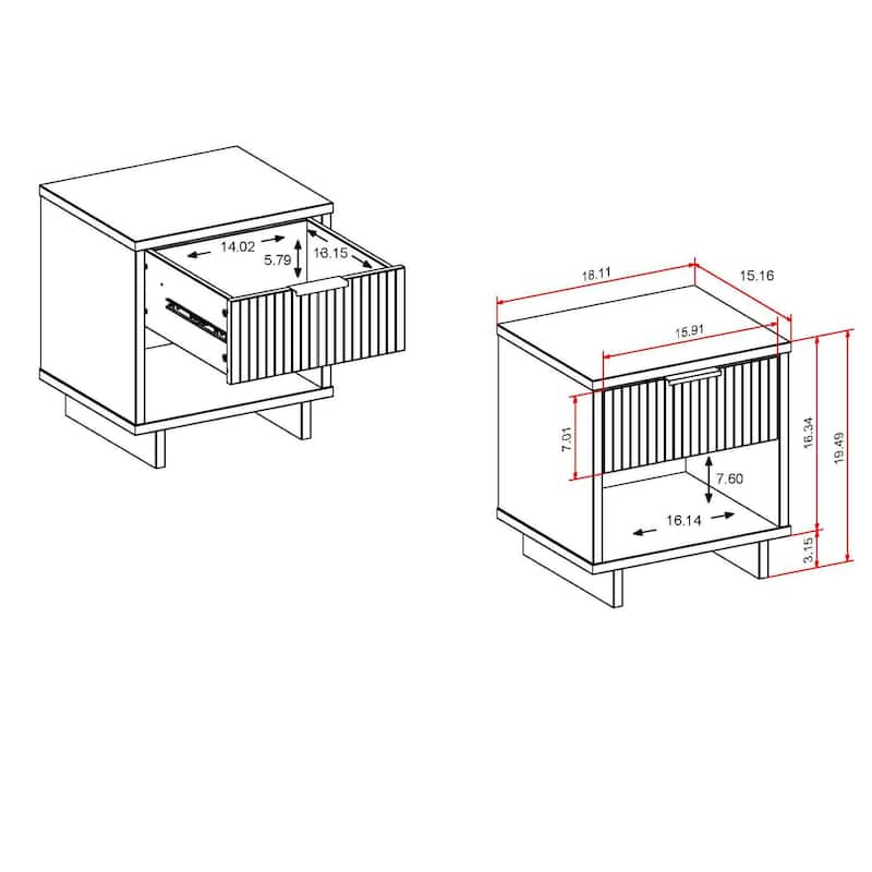 Manhattan Comfort Granville Mid Century Solid Wood 1 Drawer Nightstand Set of 2