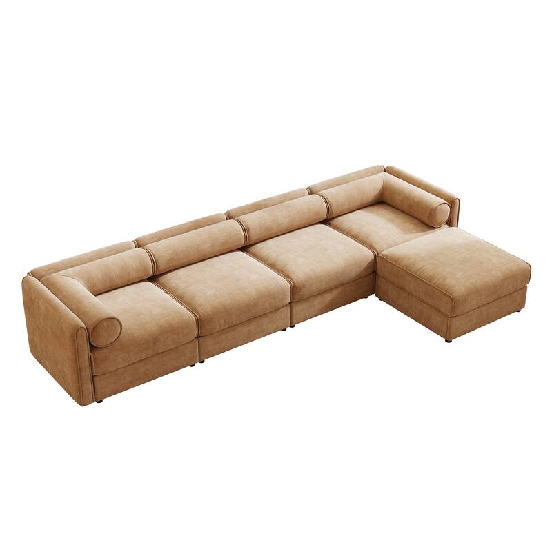 142.5" 4-Seater L-Shaped Chenille Sectional Sofa with Storage and Cylindrical Backrest