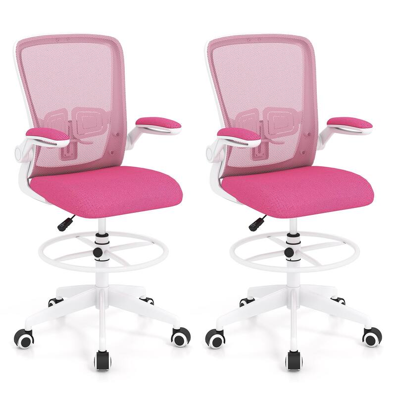 Gymax 2PCS Home Office Drafting Chair w/Flip-Up Armrests Adjustable - Pink