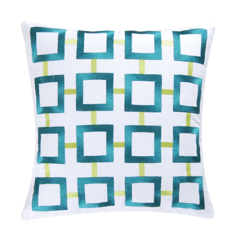 Aqua Squares Embroidered 18 Inch Throw Decorative Accent Throw Pillow