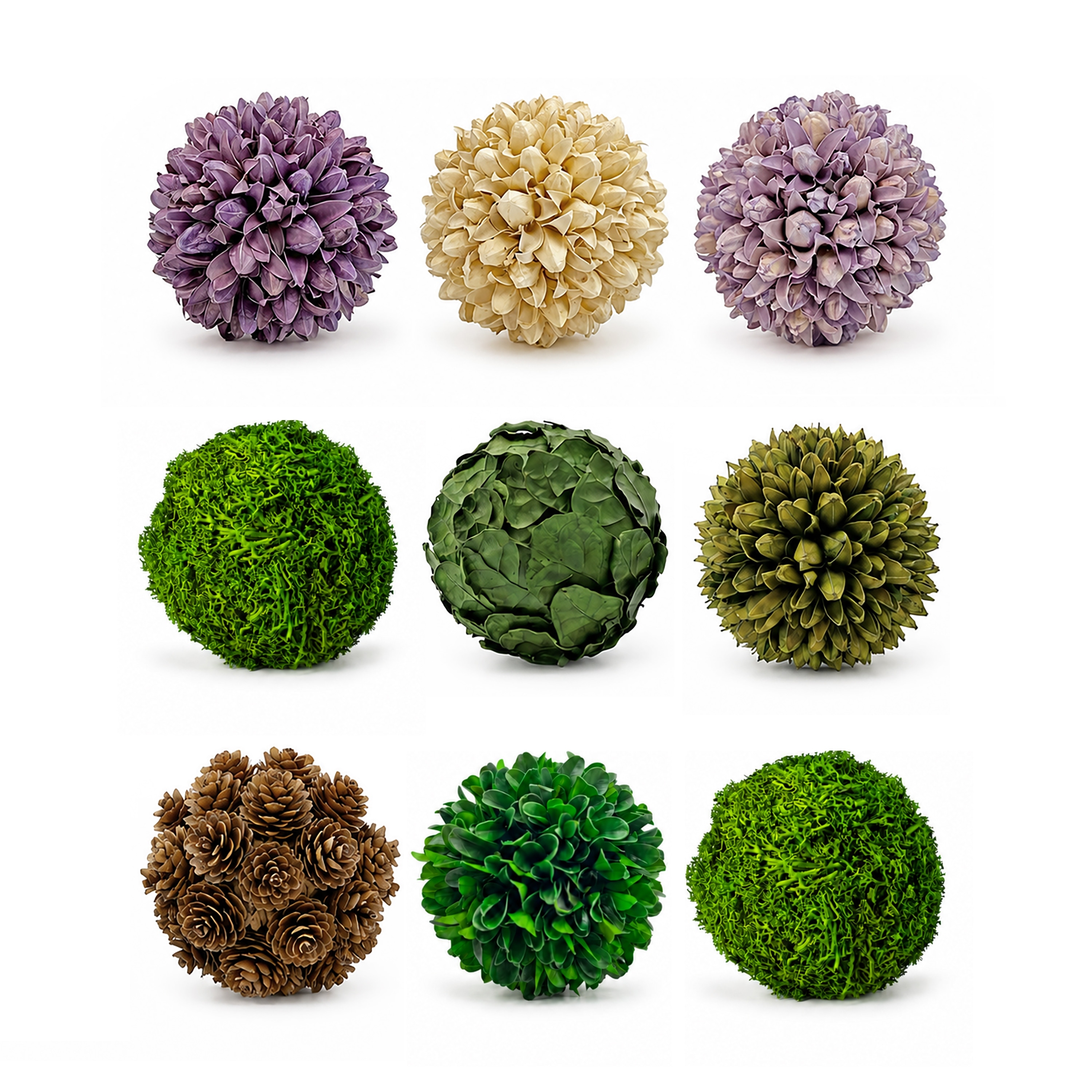 Handmade Preserved Topiary Balls, Decorative Botanical Bowl Filler in Green, Purple & Brown, Set of 9