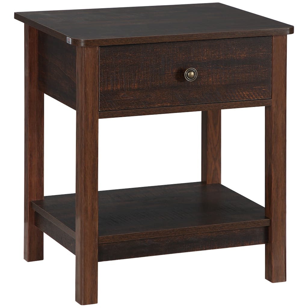 End Table with Drawer, Side Table with Top and Bottom Shelf for Small Spaces, Dark