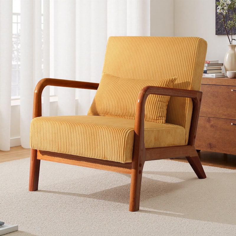 25" W Mid Century Upholstered Wood Accent Chair with Pillow - Dark Wood - Orange