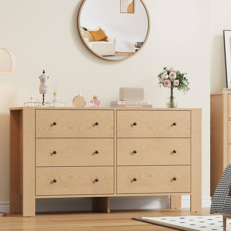 6 Drawer Dresser for Bedroom, Wide White Chest with Deep Drawers and Metal Knobs, Modern Storage for Hallway, Kids Room - Natural Oak