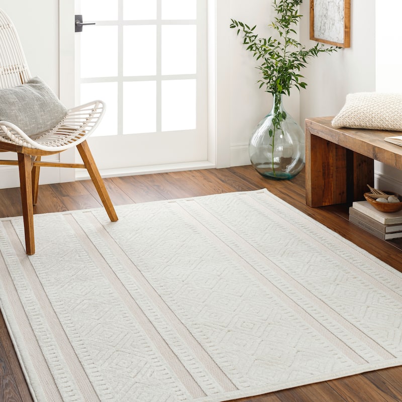 Livabliss San Diego Indoor/ Outdoor Boho Striped Area Rug - 9'2" x 12' - Cream