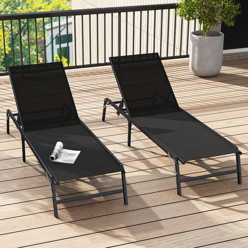 Gymax 2 PCS Reclining Lounge Chairs Folding Patio Recliner Chair - Black