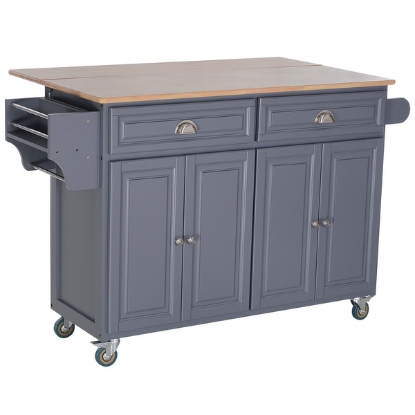 HOMCOM Rolling Oak Wood Drop-Leaf Kitchen Island Cart with Storage and Butcher Block - Grey