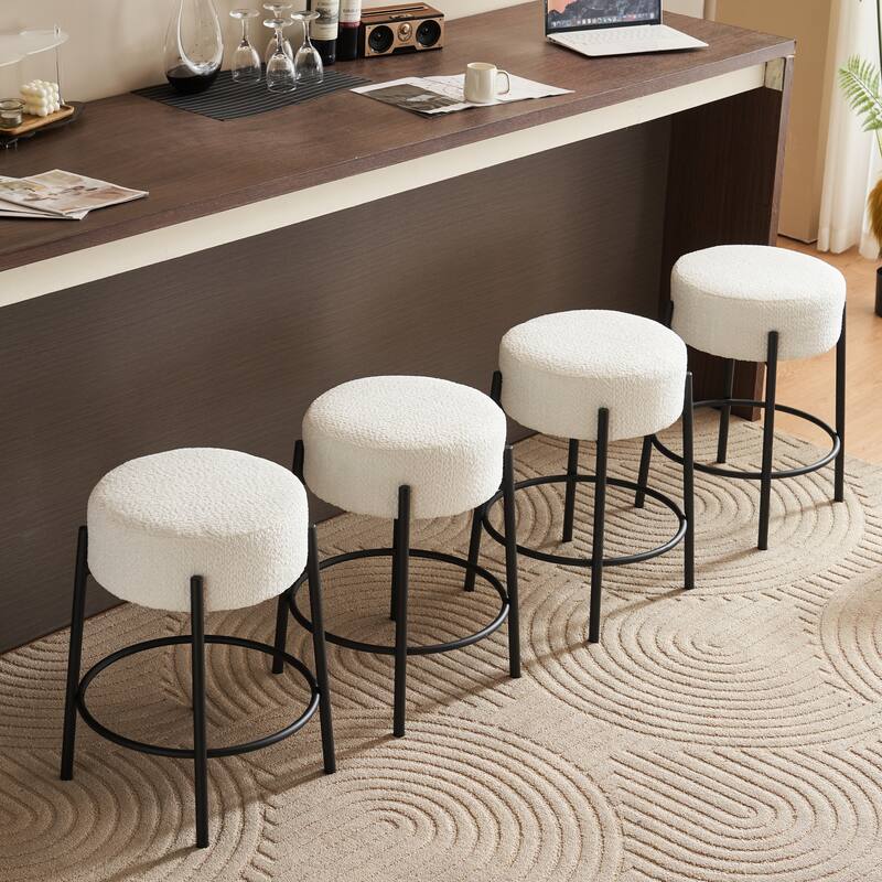Round Bar Stools Set of 2, Fabric Upholstered Bar Chairs with Footrest, Backless Kitchen Island Stools with Metal Base