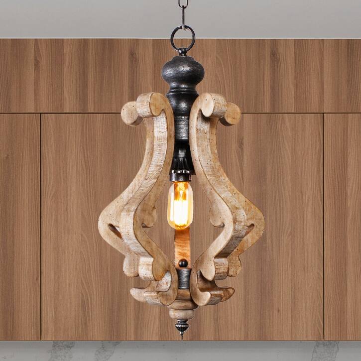 CurveCurio 1-Light Wood Light, Rustic Wood Pendant Light for Foyer Kitchen Island Light & Hallway Breakfast Area Chandelier, - Distressed Wood 