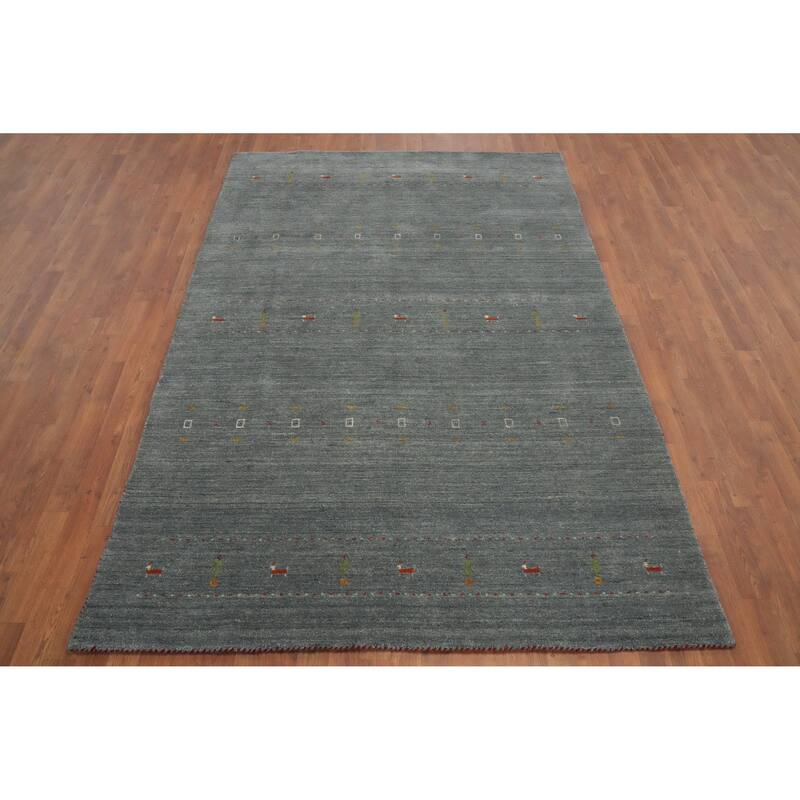 Hand Knotted Oriental 100% Wool Carpet Tribal Animal Pictorial Greys & Charcoal Gabbeh Area Rug - 8' 8'' X 5' 10''