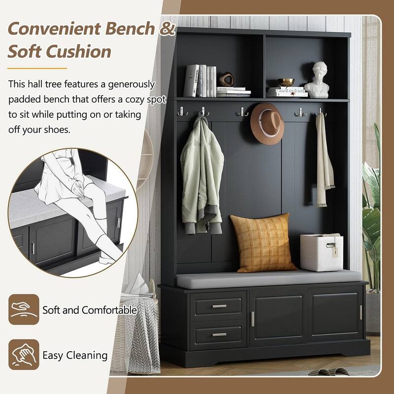 Hall Tree with Sliding Door Bench Cushion Silver Handle Storage Cabinet