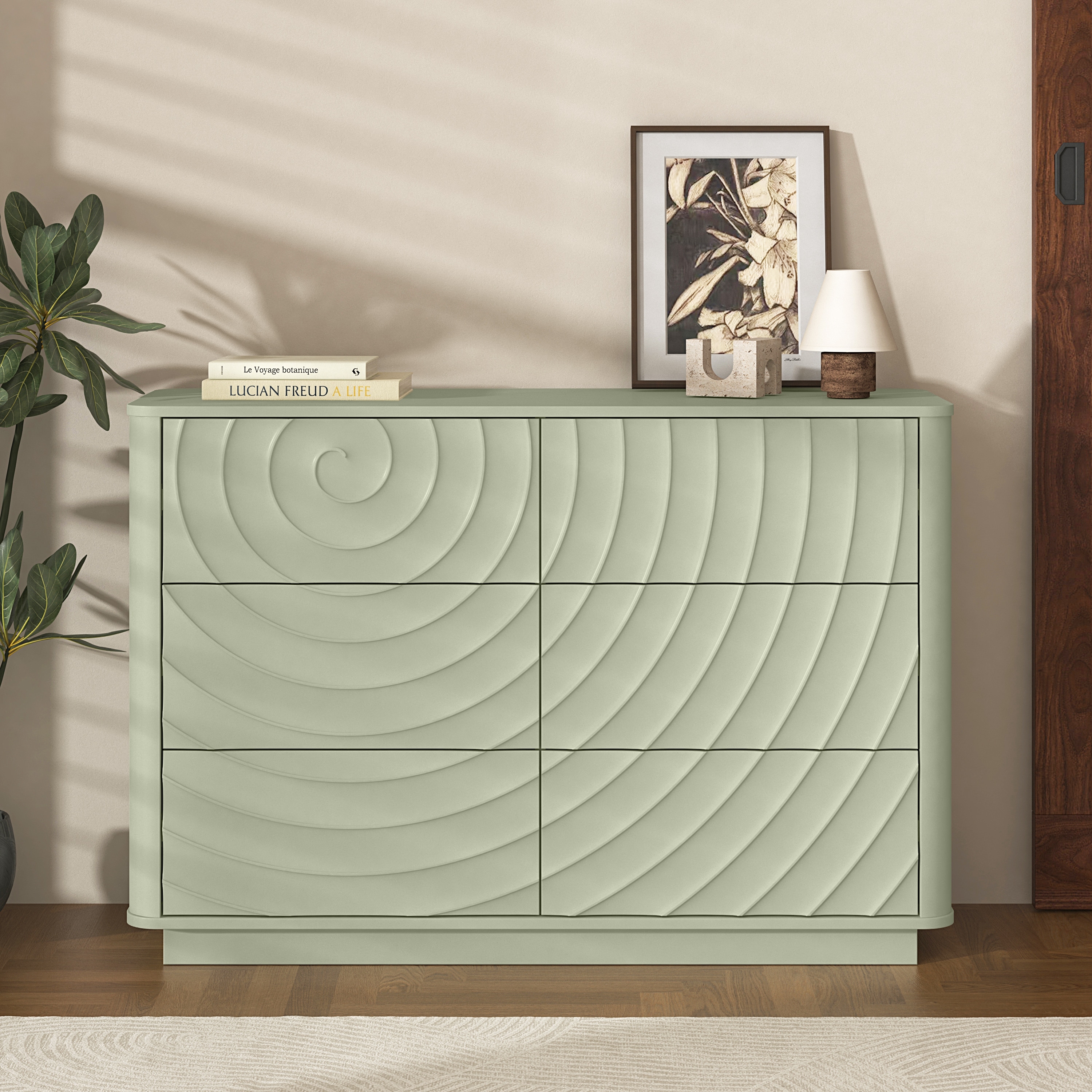 green modern dresser 6 Drawer Wide Dresser, Chest of Drawers with Handle-Free Ripple Design sage green dresser
