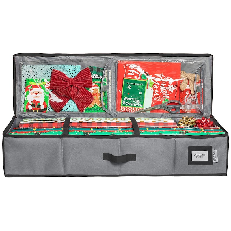 HOLDN' STORAGE Wrapping Paper Storage Container, Fits 27 Rolls Gift Wrap, Extra Pockets for Ribbons & Bows, Underbed Storage