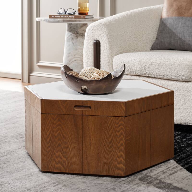 SAFAVIEH Ingelinde Hexagon Tray Top Coffee Table with Storage - 27" W x 23" D x 13" H - Walnut/White