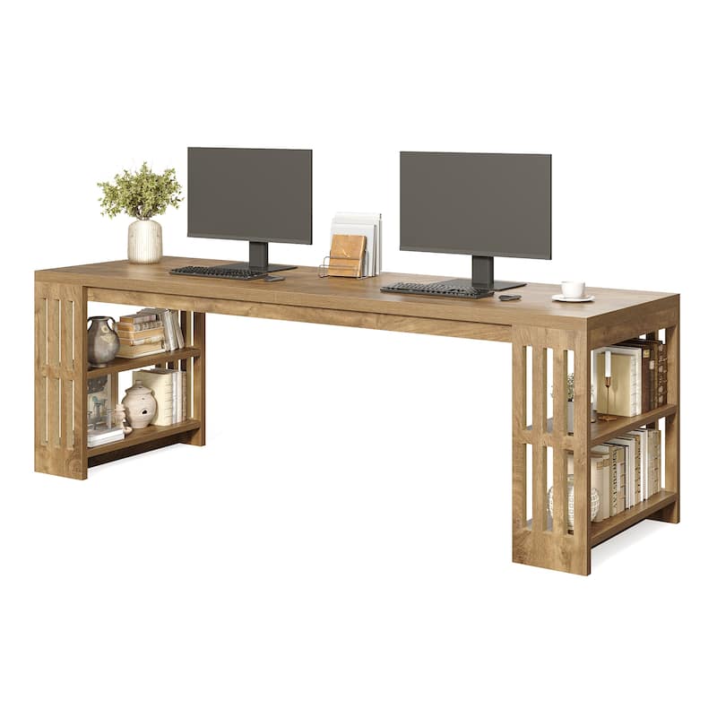 Two Person Desk with Bookshelf Computer Office Double Desk