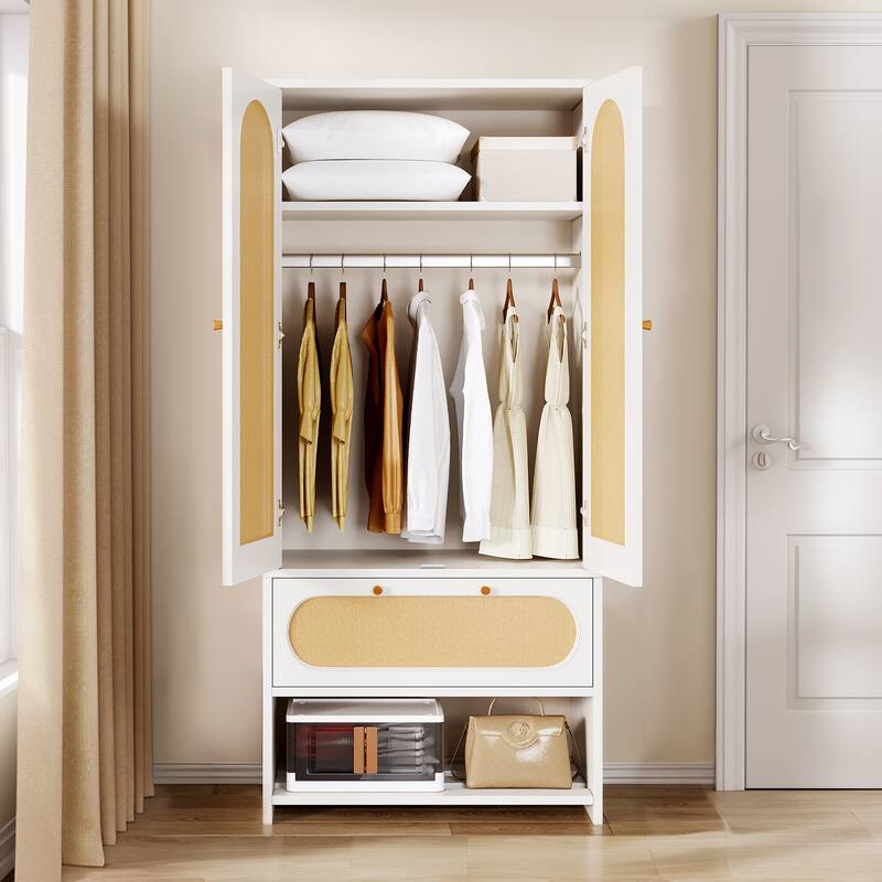 Moasis 70" Rattan Armoire Bedroom Wardrobe with Drawer & Hanging Rod