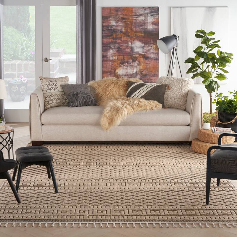 Nourison Elwood Contemporary Greek Key Lattice Geometric Area Rug - 9' x 12' 2" - Mocha - Runner/Rectangle