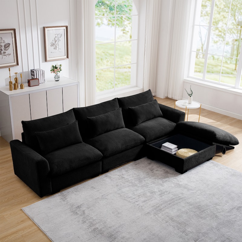 GDFStudio- Ravenscroft Corduroy Modular Sofa With Storage Ottoman - Black