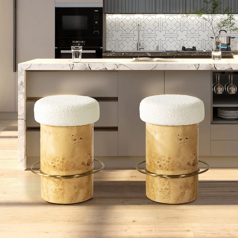 Nebula 26" Burl Wood Boucle Upholstered Counter Height Bar Stool - Set of 2 - Ivory White Boucle