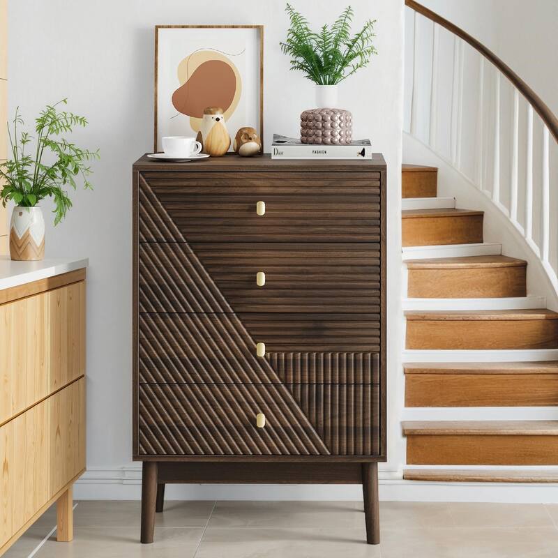 Mid-Century Modern Dresser with Gold Knobs - Walnut - 4-drawer