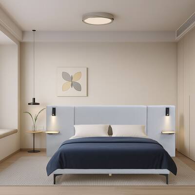Modern Upholstered Platform Bed with Built-In Light and Shelves - No Box Spring Needed