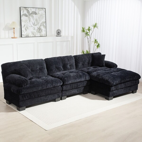 Chenille Upholstered Sectional Sofa wOttoman, L Shape Modular