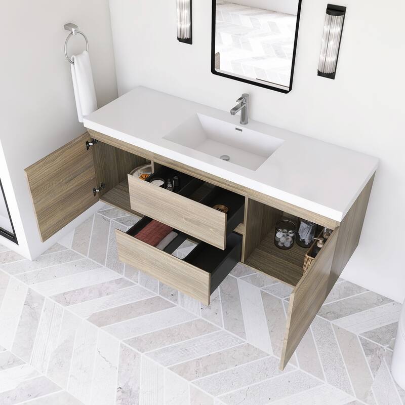 Modern Wall-Mounted Bathroom Vanity with White Solid Surface Top