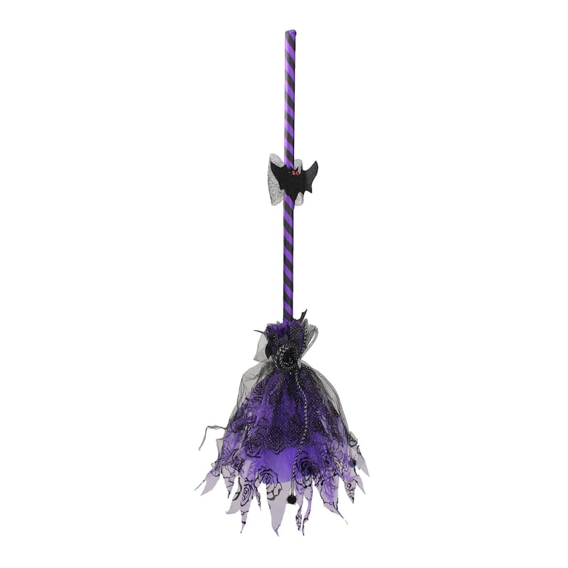 29" Purple and Black Striped Animated Witches Halloween Broom with Bat Accents