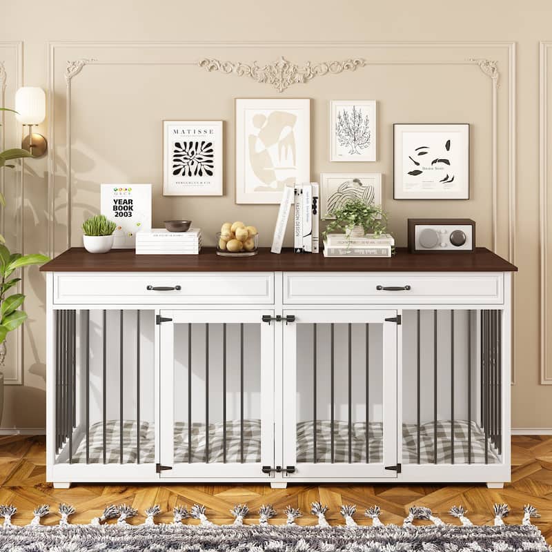 72.4 Inch Wooden Large Furniture Dog Crate with Drawers & Divider