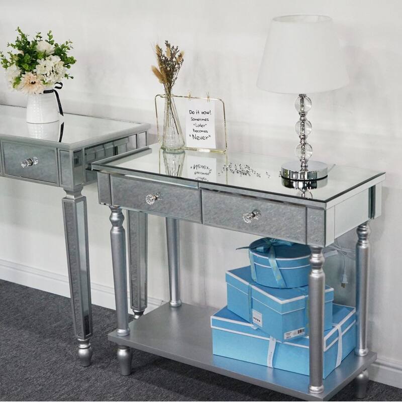 27.9" Zimtown Mirror One Drawer Two Doors Wooden Cabinet Entrance Cabinet - Silver