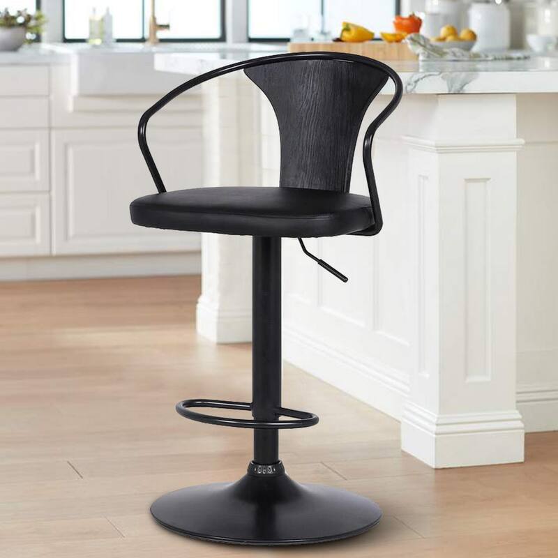 Adjustable Leatherette Swivel Barstool with Curved Back, Black