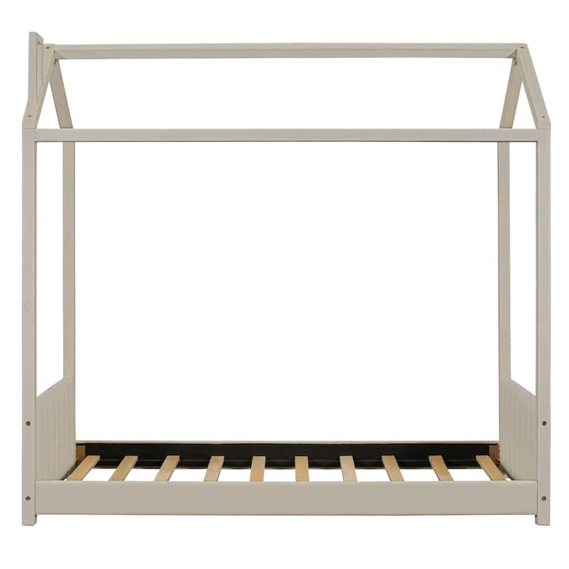 Roomfitters Twin/Full Size Velvet House Bed with Wooden Frame, Roof Design and Cozy Upholstery