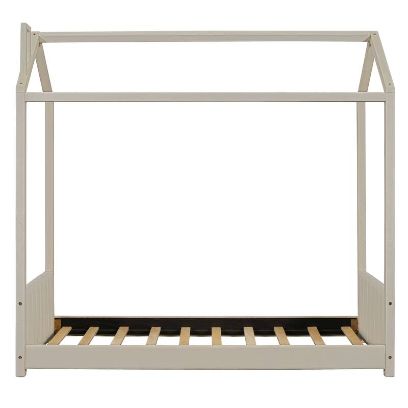 Twin Size Velvet House Bed with Roof, Beige - Sturdy Pine Frame, Semi-Enclosed Play Area