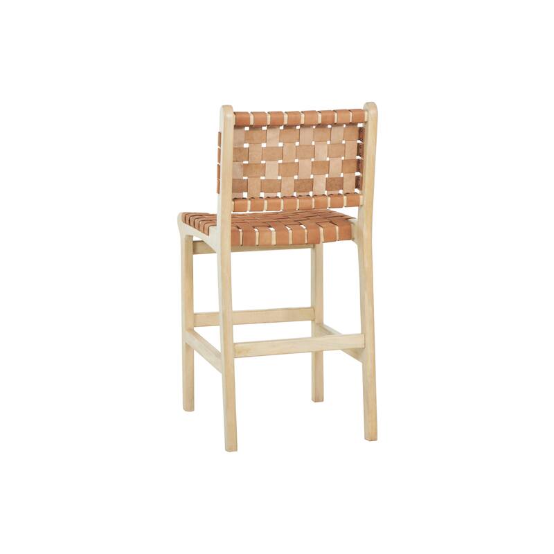 Brown Mango Wood Handmade Woven Bar Stool with Light Brown Wood Frame with Backrest and Footrest