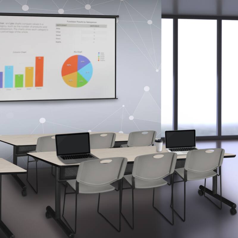 84" x 24" Flip Top Mobile Training Table with Modesty Panel- Maple and 3 Stack Chairs- Grey