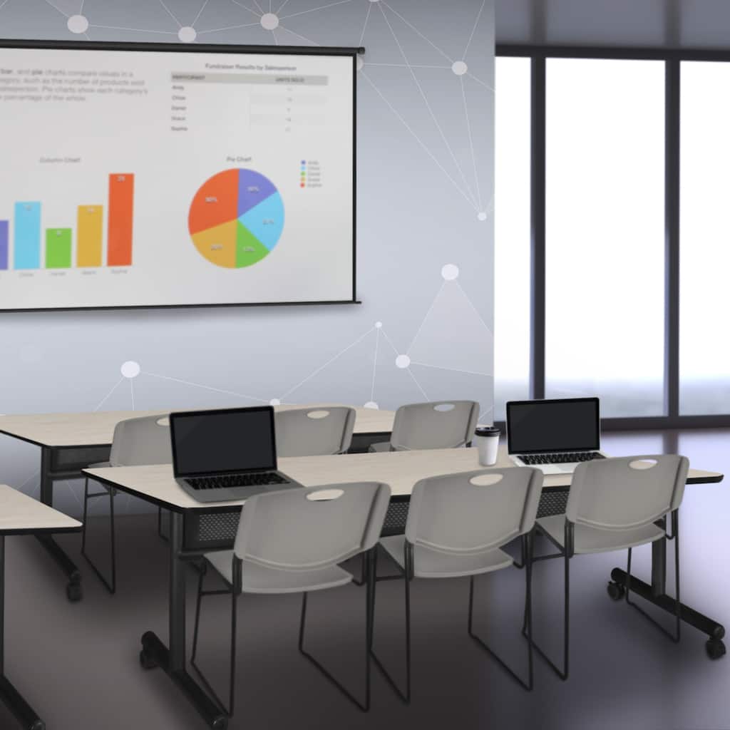 84" x 24" Flip Top Mobile Training Table with Modesty Panel- Maple and 3 Stack Chairs- Grey